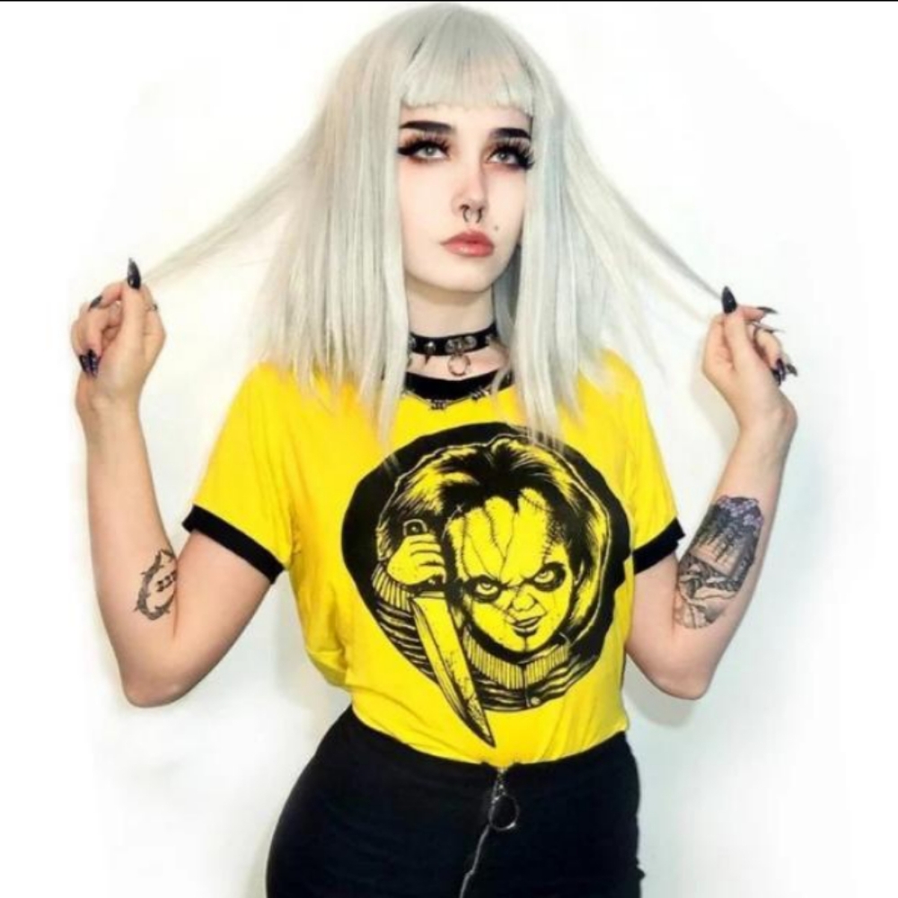 Yellow Graphic Crop Top with Black Trim